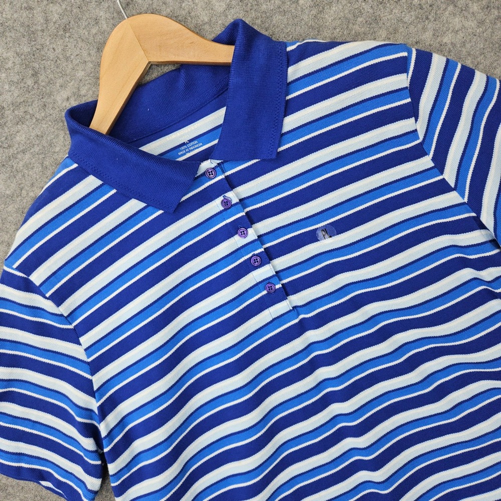 Kim Rogers Women's Blue Knit Polo Shirt Size PL 100% Cotton Striped Short Sleeve